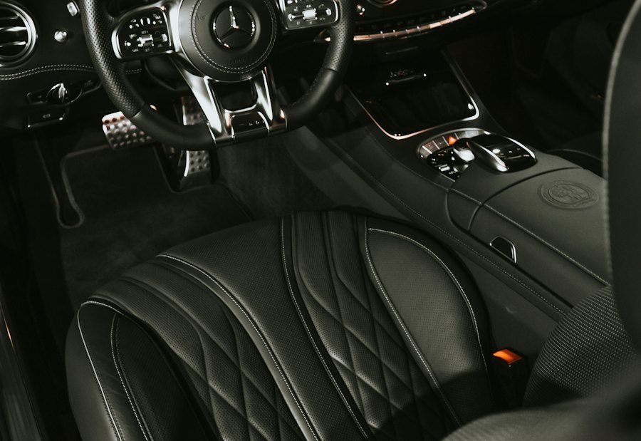 Black leather interior of a Mercedes